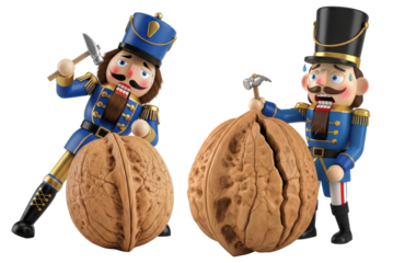 Funny Christmas Nutcracker Toy Soldiers Cracking a Giant Walnut with a Hammer, Isolated on Transparent Background
