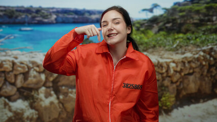 Woman in orange prison jumpsuit smiling on rocky beach with blue sea in background, expressing...