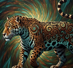 Jaguar’s body covered in morphing patterns, like moving tribal tattoos, color palette of bronze, dark green, and turquoise