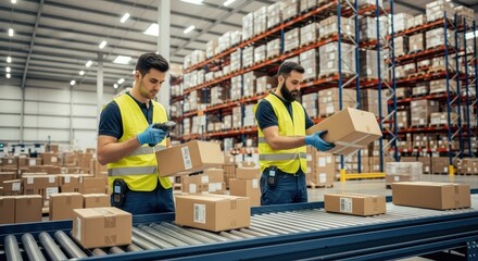 Warehouse workers in safety vests scanning and sorting packages on a conveyor belt system