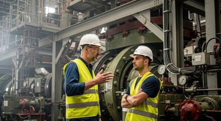 Two industrial workers in safety gear discussing operations by heavy machinery in a factory