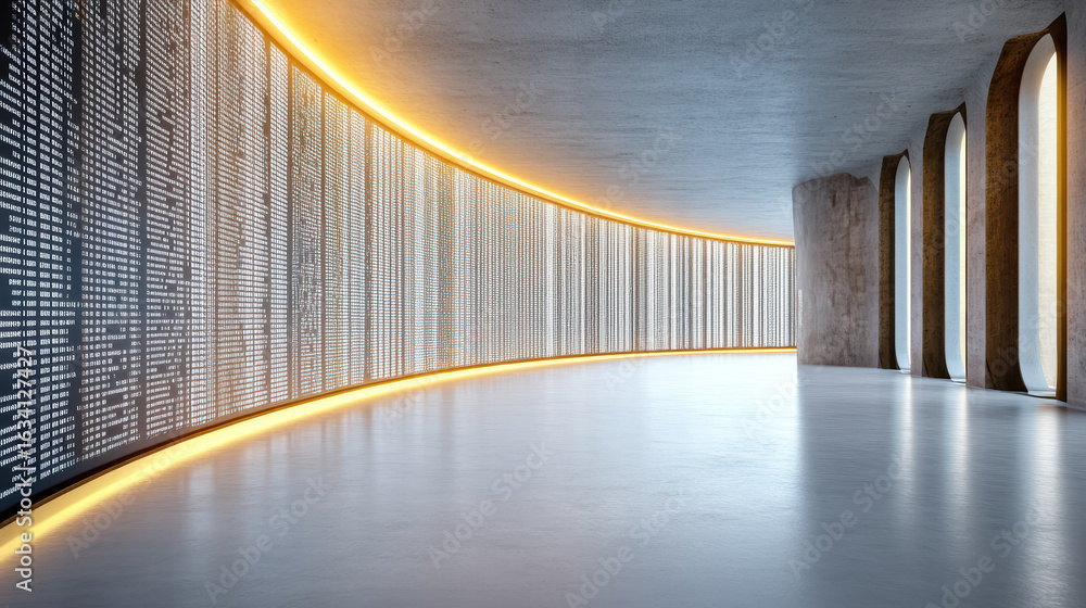 Poster futuristic data visualization room with illuminated walls and smooth floor, creating modern
