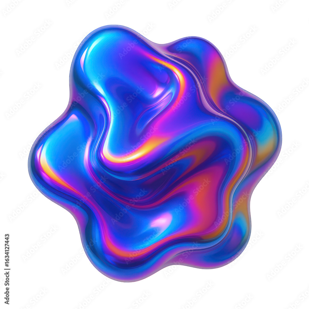 Poster abstract amorphous fluid blob with iridescent metallic sheen and vibrant swirling colors