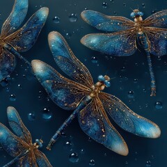 Nature's Beauty. Close-up of stunning blue dragonflies with water droplets.