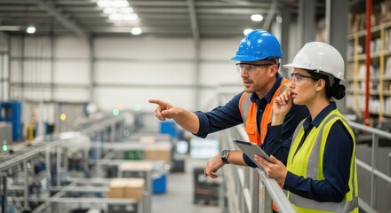 Two industrial workers discussing operations by conveyor belts in a modern warehouse
