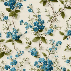 Floral Pattern with Blue Flowers and Green Leaves