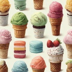 Colorful Ice Cream Cones and Treats. A delightful assortment of ice cream flavors in cones and cups.