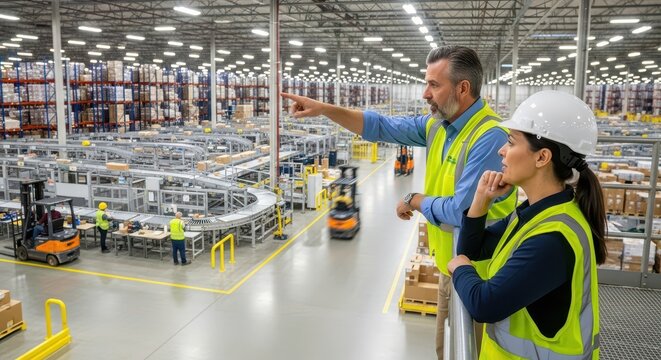 Two managers planning logistics operations in a large distribution center from a high angle.