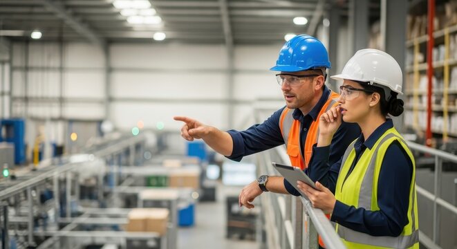 Two industrial workers discussing operations by conveyor belts in a modern warehouse