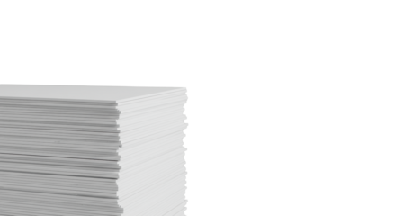 Stack of transparent paper sheets meticulously aligned on a clean studio background with copy space, high-key lighting. Concept of data organization and business efficiency