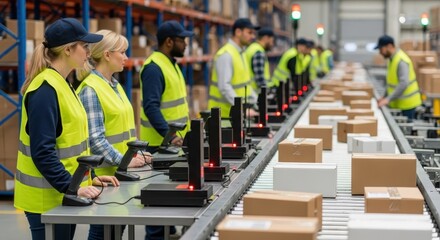 Team of warehouse workers in reflective vests scanning packages on a busy conveyor system line.