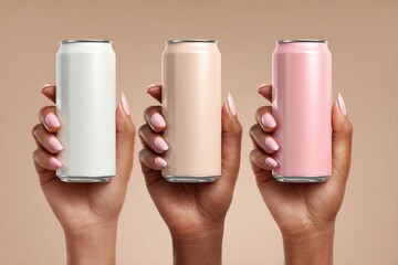 Diverse hands showcasing elegant beverage cans in soft tones