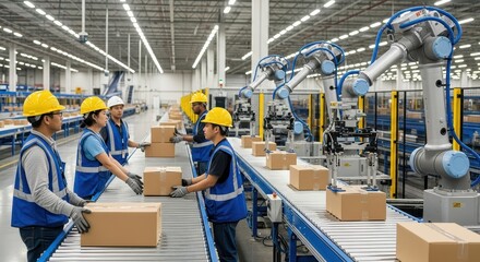 Industrial workers in hard hats and robotic arms working together on a warehouse assembly line