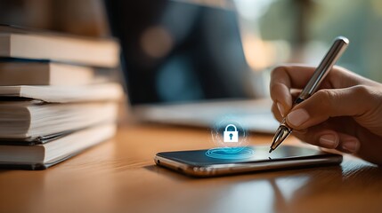 Cybersecurity Authentication on Smartphone with Pen and Books Digital Security Password Protection Data Privacy Online Safety Lock Icon Technology Concept