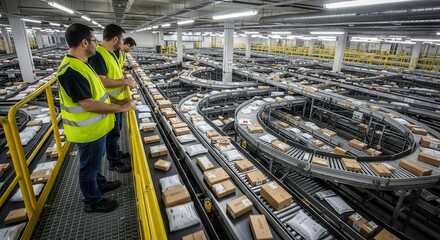 Workers in safety vests observing countless packages on a maze of warehouse conveyor belts