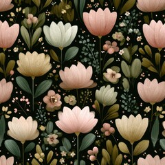 Floral Pattern Design. Vibrant floral pattern with pink and white flowers on a dark background.