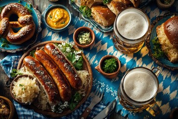 German Feast. Savory sausages served with beer and pretzels on a festive table.