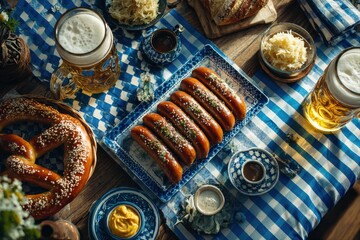 German Cuisine. Traditional German sausages with pretzels and beer on a rustic table.