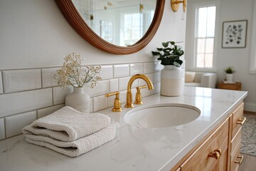 Elegant bathroom decor with modern fixtures and natural elements