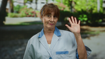 Obraz premium Senior hispanic woman cleaner smiling while gesturing in a park, wearing a uniform outdoors during a sunny day.