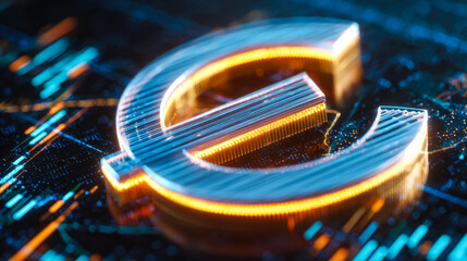 Digital Euro symbol illuminated on a futuristic financial technology background