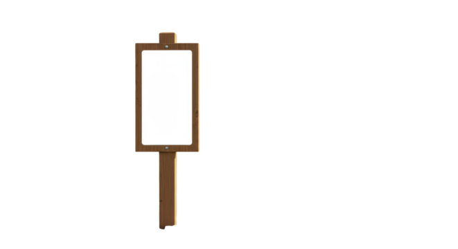Pristine modern wooden signpost with blank white panel in grassy area, lush evergreen forest background, soft diffused daylight, concept of natural guidance for marketing template