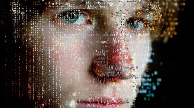AI-generated male face with data overlay, AI-coded identity