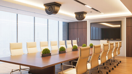 A modern corporate conference room with a long dark brown wooden table and cream-colored leather executive chairs arranged in a U-shape formation