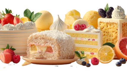 Assortment of delicious cakes and desserts isolated on transparent background, closeup shot
