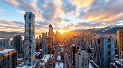Stunning city skyline at sunset with layered buildings and vibrant clouds