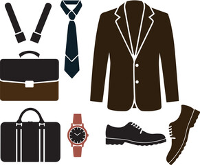 Office Fashion Accessories Business essentials silhouette icon set. contains suit, tie, dress, id, watch, shoes, glasses, Briefcase, Tie, Formal Shoes Icons