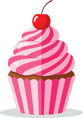 Sweet Cupcake Illustration with Pink Striped Frosting and Cherry Topping on White Background