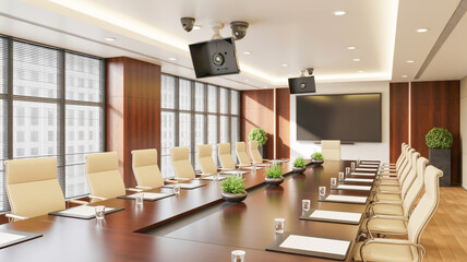 A modern corporate conference room with a long dark brown wooden table and cream-colored leather executive chairs arranged in a U-shape formation