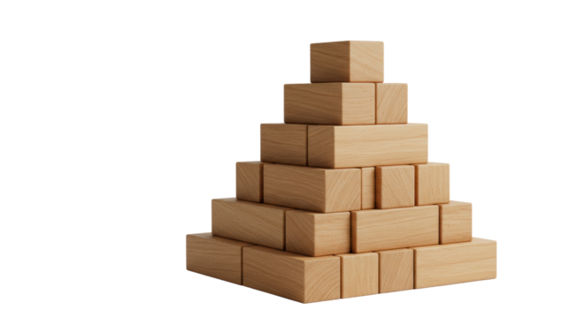 Pyramid of perfectly balanced, smooth, natural wood blocks with visible grain on a transparent studio background with soft shadows. Concept of foundational strength and sustainability
