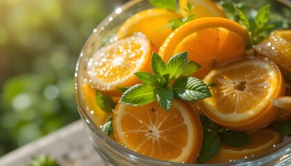Glass bowl filled with orange slices and mint leaves, placed outdoors with sunlight
