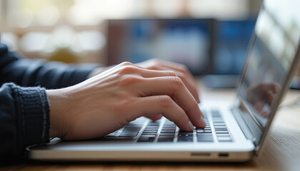 Close up of hands typing on a silver laptop keyboard with blurred background and wooden table surface