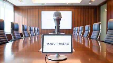 A modern corporate conference room with a long polished wooden table in the foreground