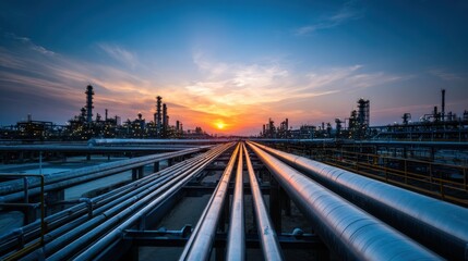 Industrial pipelines stretch toward the horizon under a vibrant sunset, showcasing energy infrastructure and technological prowess against a colorful sky.