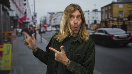 Blond man with long hair points both fingers to storefront on busy street with open mouth;...