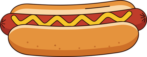 Cartoon Hot Dog with Mustard on a Bun Isolated on White