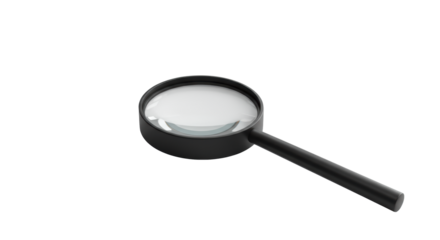 A sleek, modern, minimalist black magnifying glass with a clear lens on a transparent surface, transparent background, soft studio light, negative space. Concept of detailed analysis