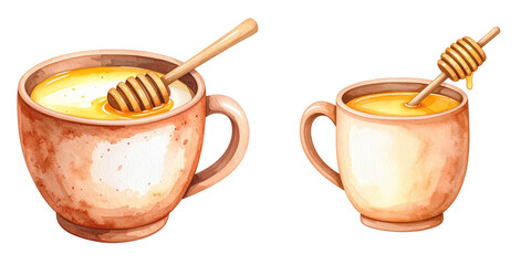 Watercolor painting of two mugs with honey and milk on transparent background