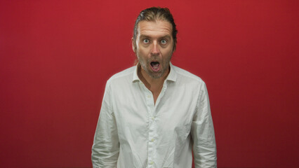 Man with long blond hair, wide eyes and mouth open in surprised expression in bright red studio; astonishment.