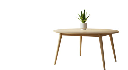 Visually pristine circular light wood dining table with snake plant vase in modern, minimalist interior, soft daylight, f/4-f/5.6 bokeh, sophisticated Scandinavian design concept