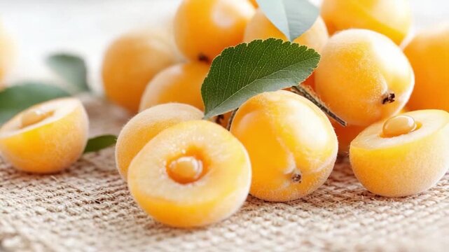 Golden Apricot Bounty: A vibrant still life of fresh, juicy apricots, some sliced to reveal their luscious interior, accompanied by a single leaf.
