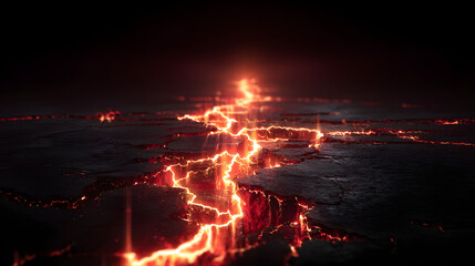 Naklejka premium Lava crack with fire. Red volcano floor effect. Broken land and volcanic destruction on black background. Realistic thunderbolt energy line. Neon crash flame top view. Gold land break design