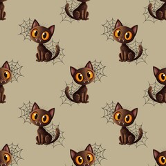 seamless pattern, cute black cat with orange eyes and cobwebs on a beige background.