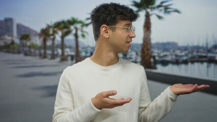 Man wearing white sweater and glasses shows palms facing up beside boat on street promenade under...