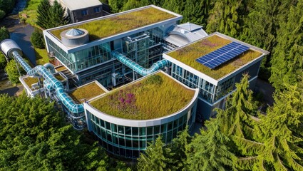Modern Eco-Friendly Building with Green Roof and Solar Panels