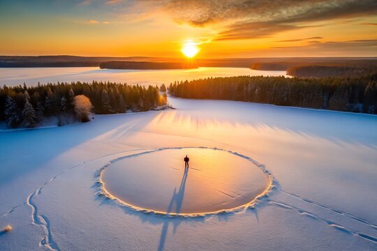 Aerial View: Solitary Figure in Circular Snow Pattern at Golden Hour Winter Sunset, Frozen Lake Landscape